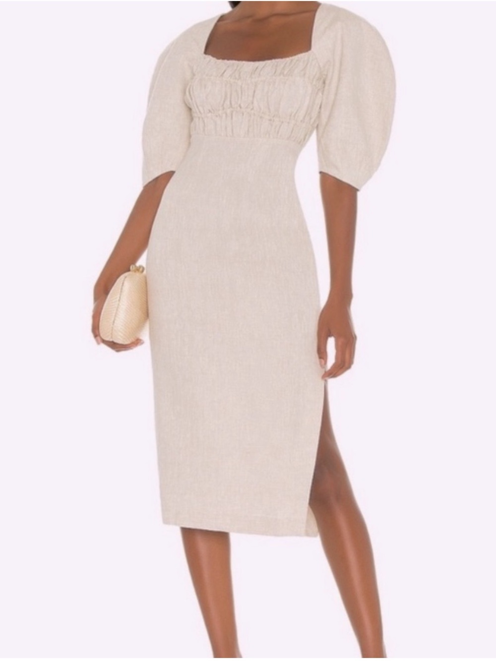 Song Of Style Monet Linen Beige Puff Sleeve Smocked Midi Dress size S